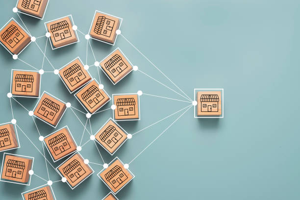 Business sale growth and expand shop franchise concept, Store illustration print screen on wooden cube block connection link with others shop and supermarket.